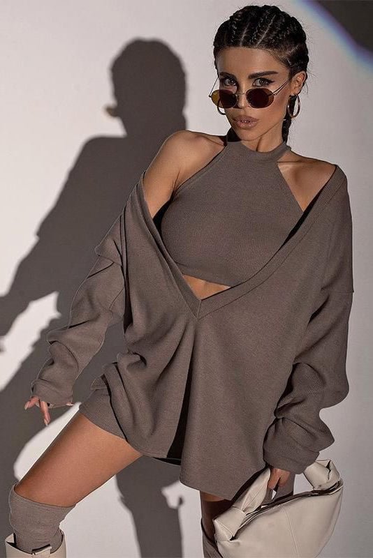 Round Neckline Knit Two Piece Set Vest Dress Suits