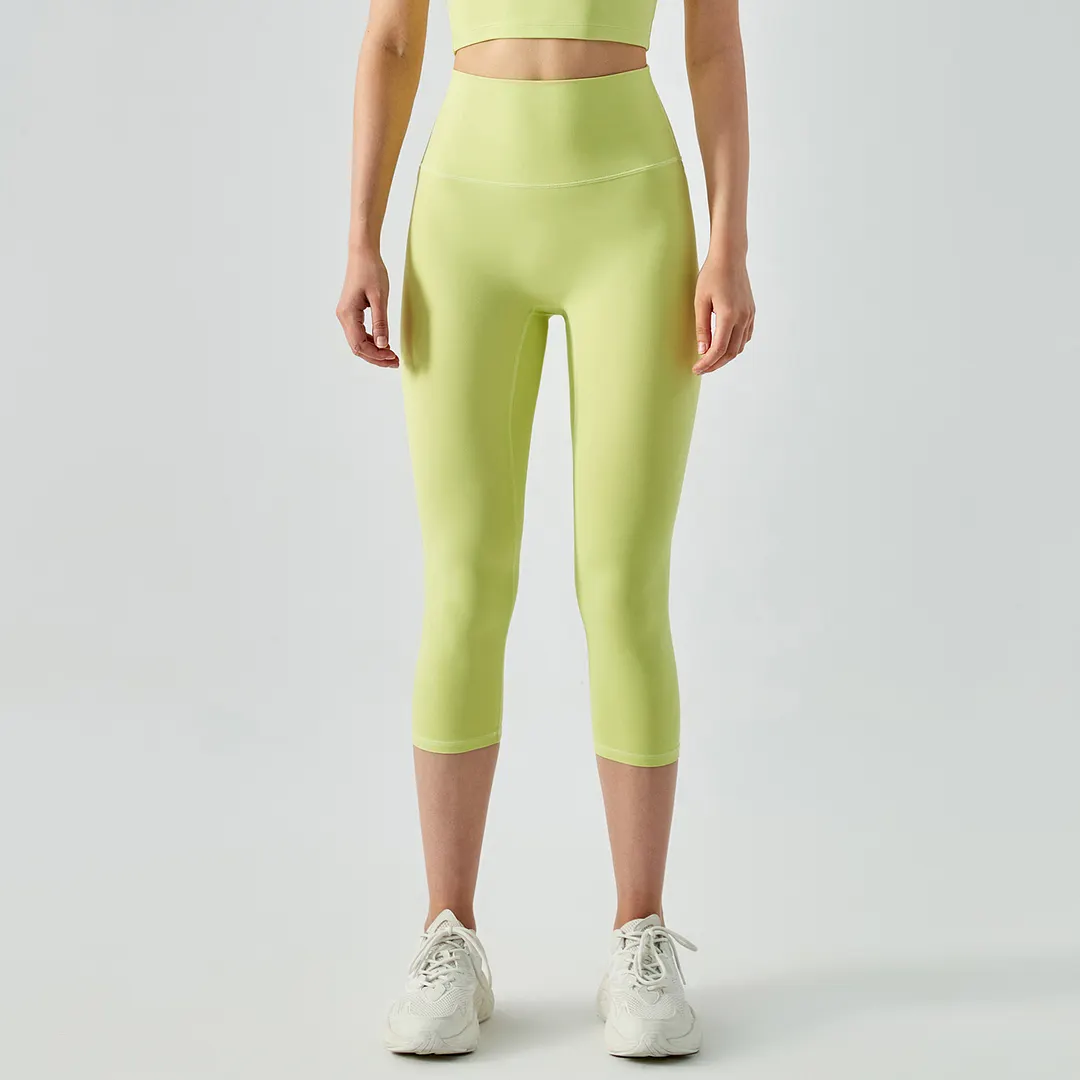 Hergymclothing Lime Green no front seam slim fit freely stretchable fitness squat proof not see through comfy workout sports gym capri for sale