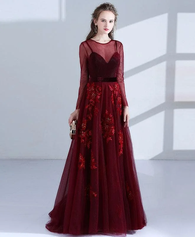 Burgundy Lace Long Prom Dress, Long Sleeve Evening Dress