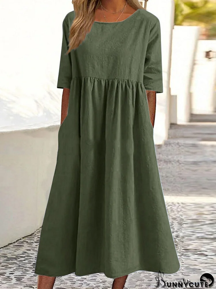 Solid Pleated Crew Neck Half Sleeve Dress With Pocket