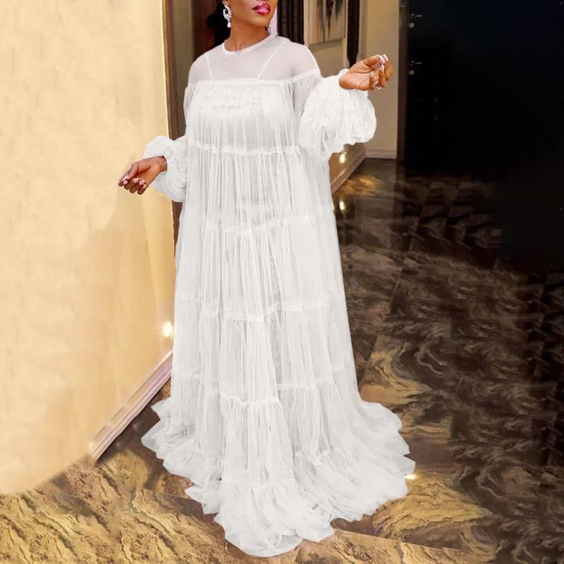 Bohemian Maxi Long Dress Long Robe Sexy Lace Lantern Sleeve Floor-Length Party Dress 2021 VONDA Beach Holiday Vestido