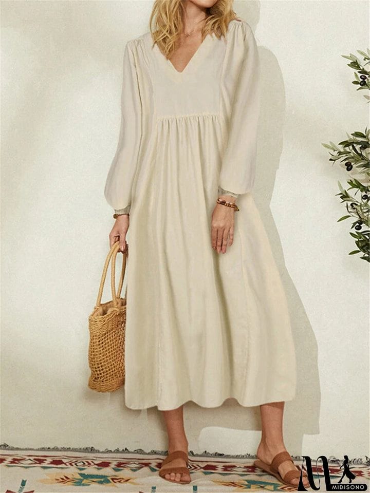 MidiSono - V-Neck Loose Puff Long Sleeve Dresses