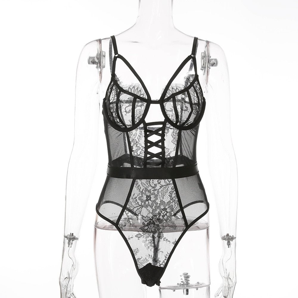 Yimunancy Floral Lace Bodysuit Women Lace Up Mesh Bodysuit Ladies 2020 Sexy Teddies Bodysuit