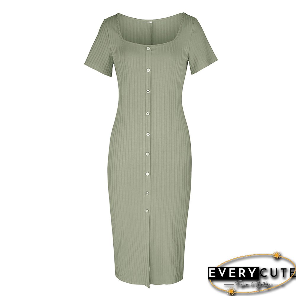 Light Green Rib Button Split Bodycon Dress