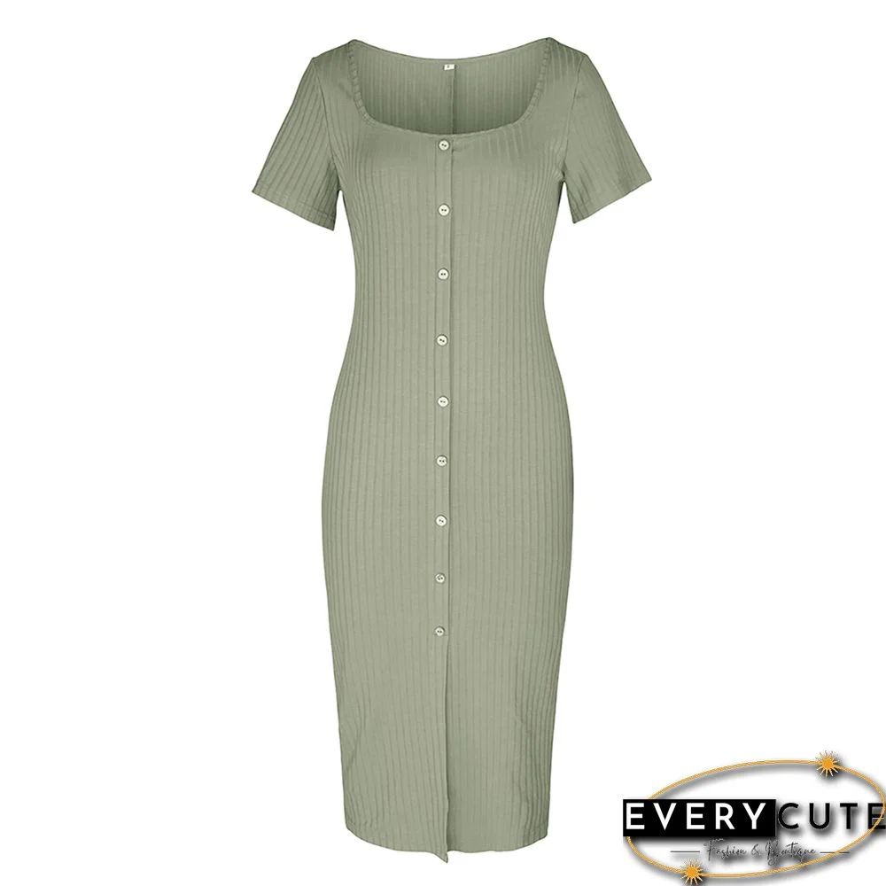 Light Green Rib Button Split Bodycon Dress