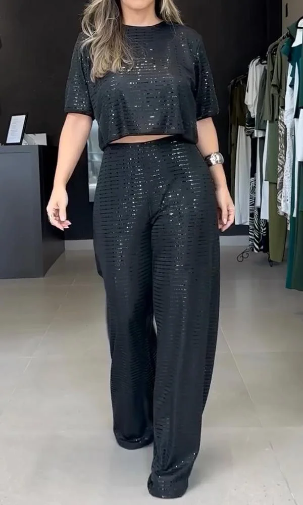 Women's Comfortable Sequin Top And Pants Two-Piece Set