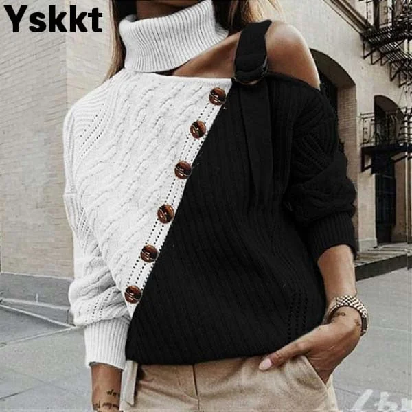 Turtleneck Sweater Women One Shoulder Knitted Long Sleeve Button Pullover Jumper Autumn Winter Streetwear Casual Jumper Sweaters