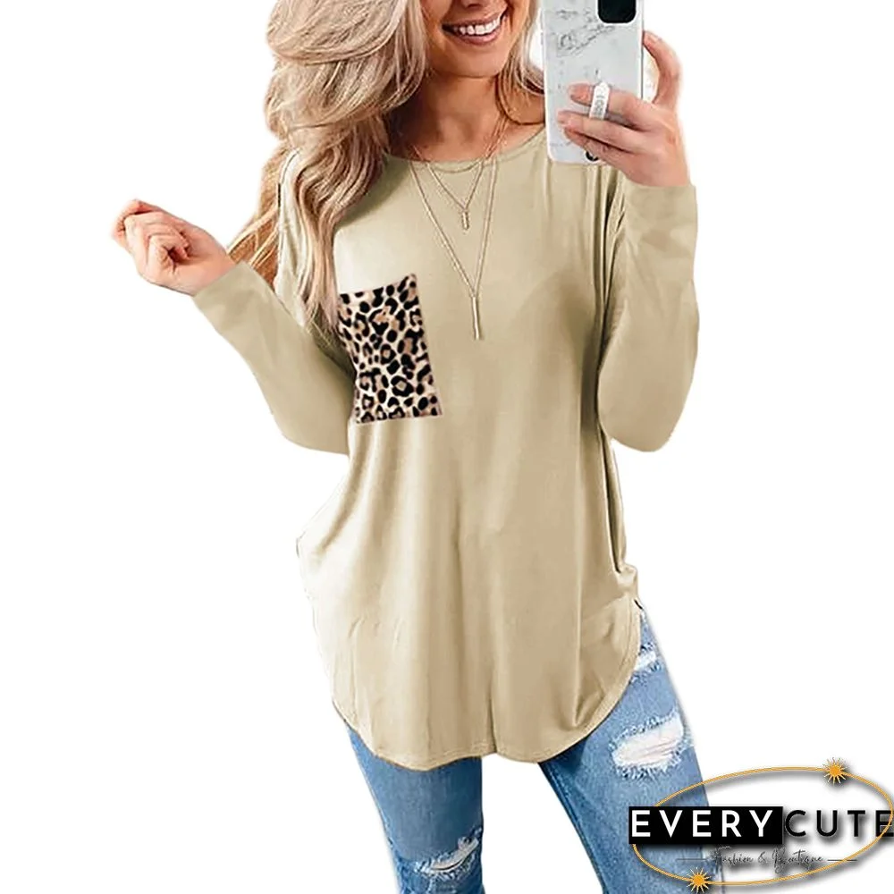 Khaki Leopard Pocket Long Sleeve Tops