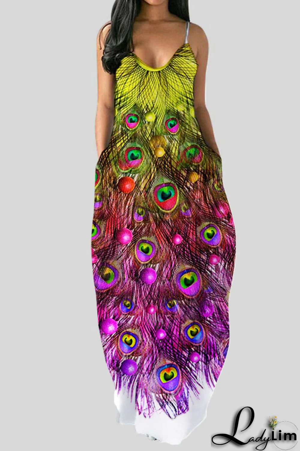 Yellow Red Sexy Print Patchwork Spaghetti Strap Sling Dress Dresses