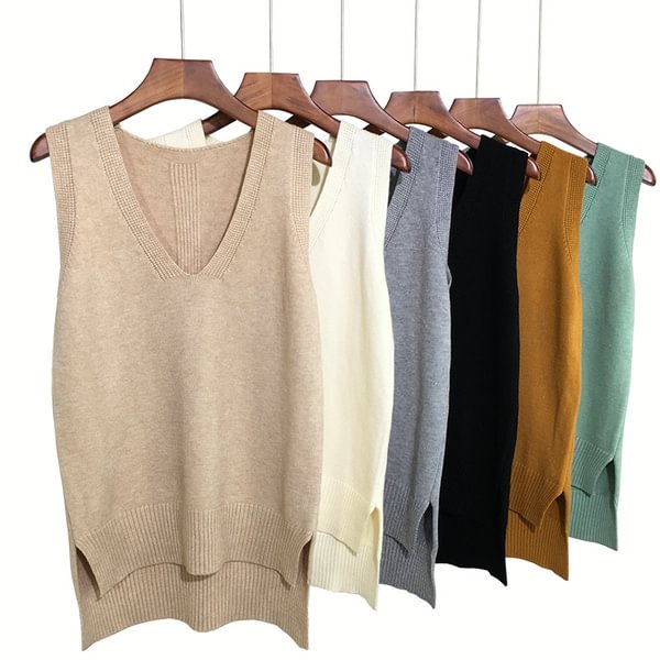 Women Knitted Vest Waistcoat Sweater Jumper Tank Top V Neck Sleeveless Asymmetric Cashmere-like - Shop Trendy Women's Fashion | TeeYours