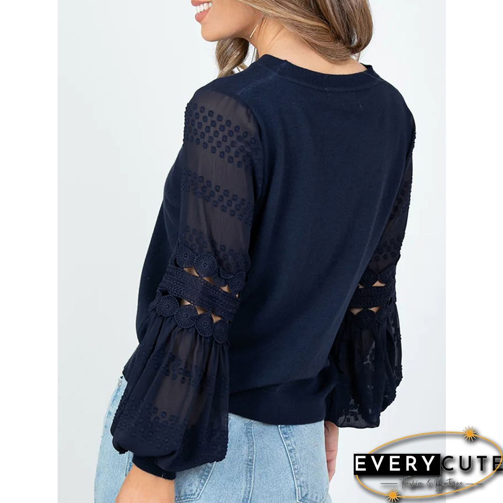 Navy Blue Splicing Hollow-out Lantern Sleeve Tops
