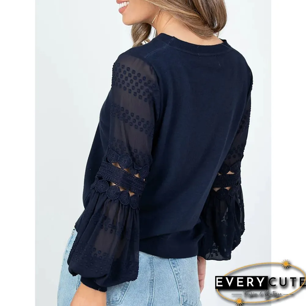 Navy Blue Splicing Hollow-out Lantern Sleeve Tops