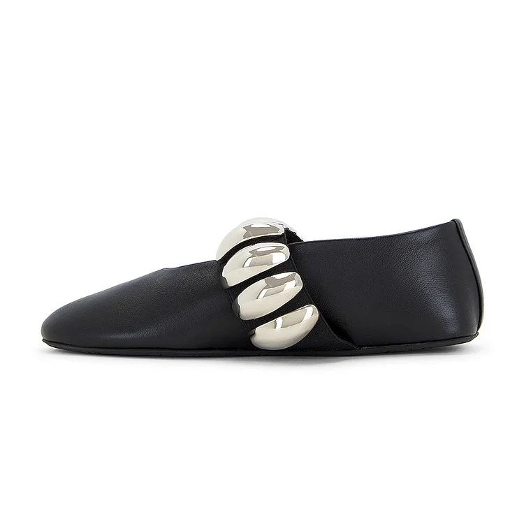 Black Elastic Strap Flats Metallic Pebble Decor Ballerina Shoes |FSJ Shoes