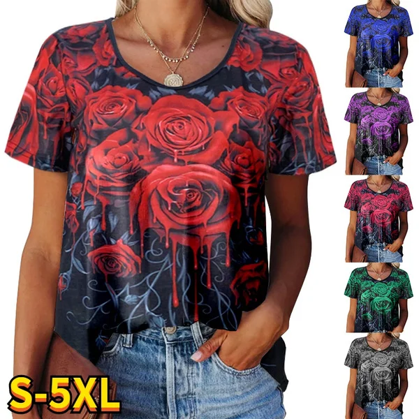 New Summer Fashion Womens Short Sleeve T-shirt O-neck Rose Flower Print Tops Tee Loose Casual Plus Size Blouse