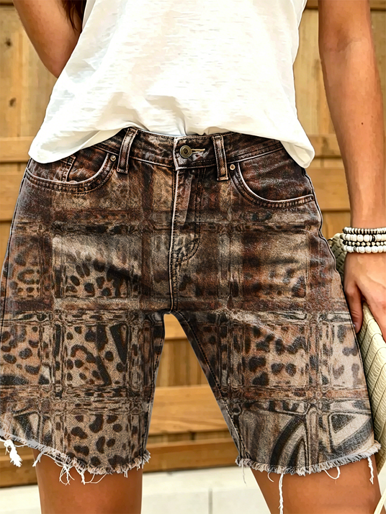 Women's Retro Leopard Print Art Print Casual Washed Cotton Denim Shorts