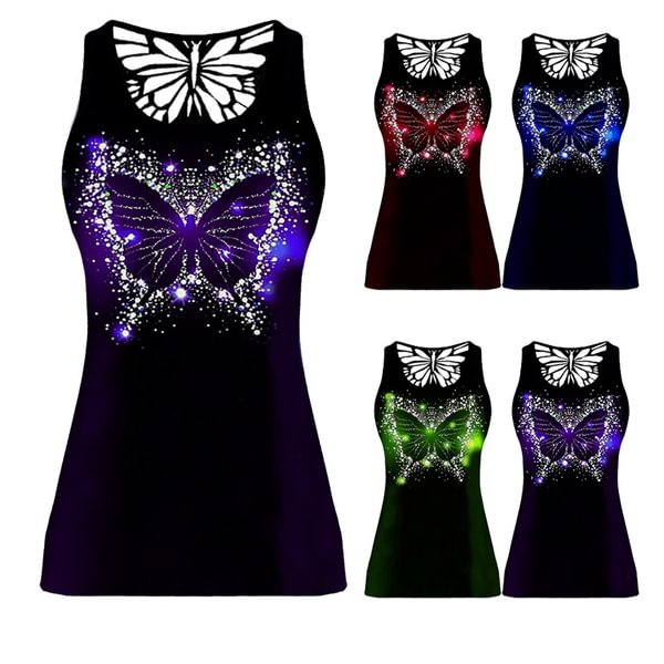 Women Fashion Butterfly 3D Print Sleeveless Shirt New Summer Back Hollow Out Vest Plus Size Tank Tops - BlackFridayBuys