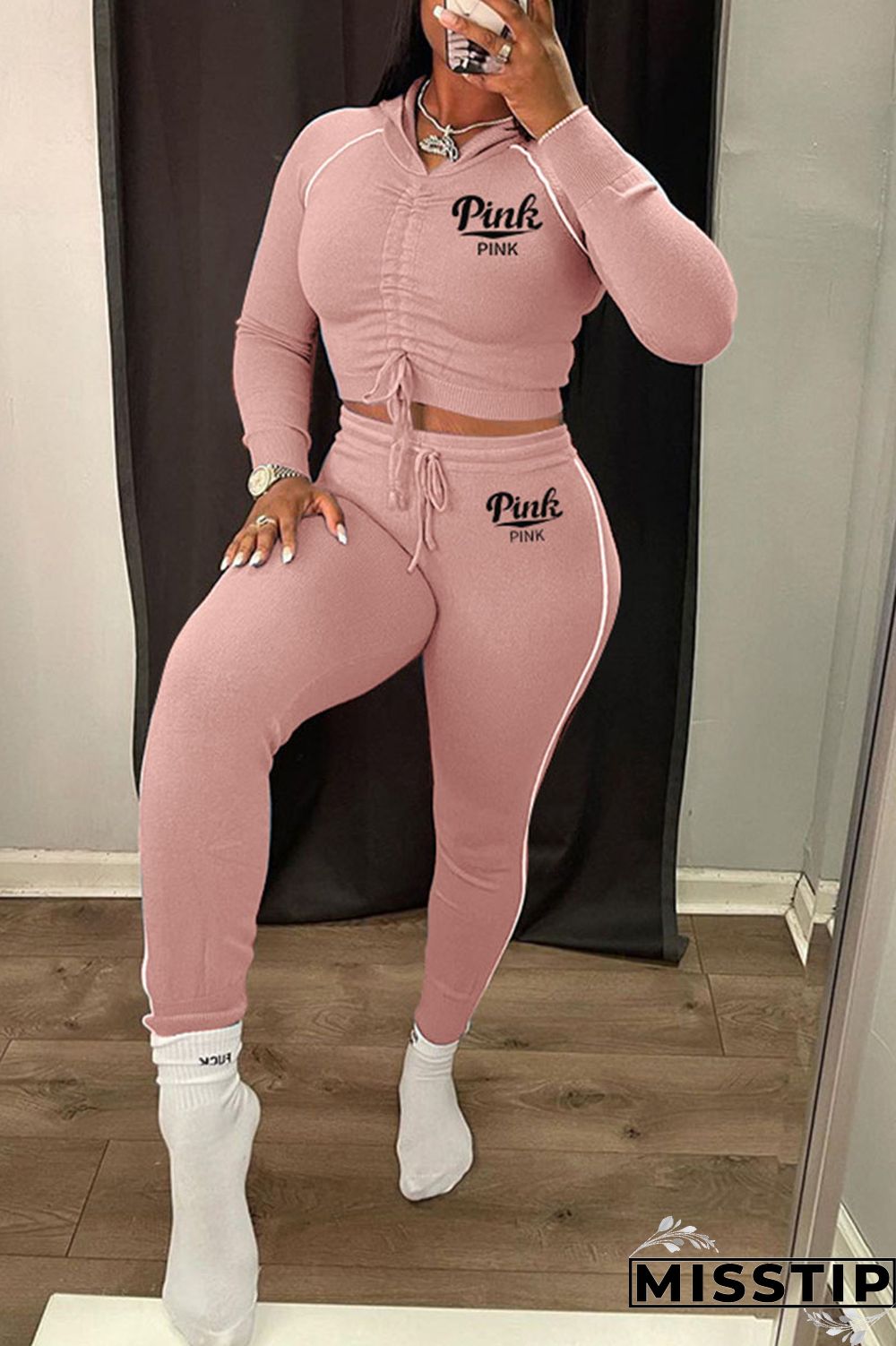 Black Casual Print Patchwork Draw String Fold Hooded Collar Long Sleeve Two Pieces