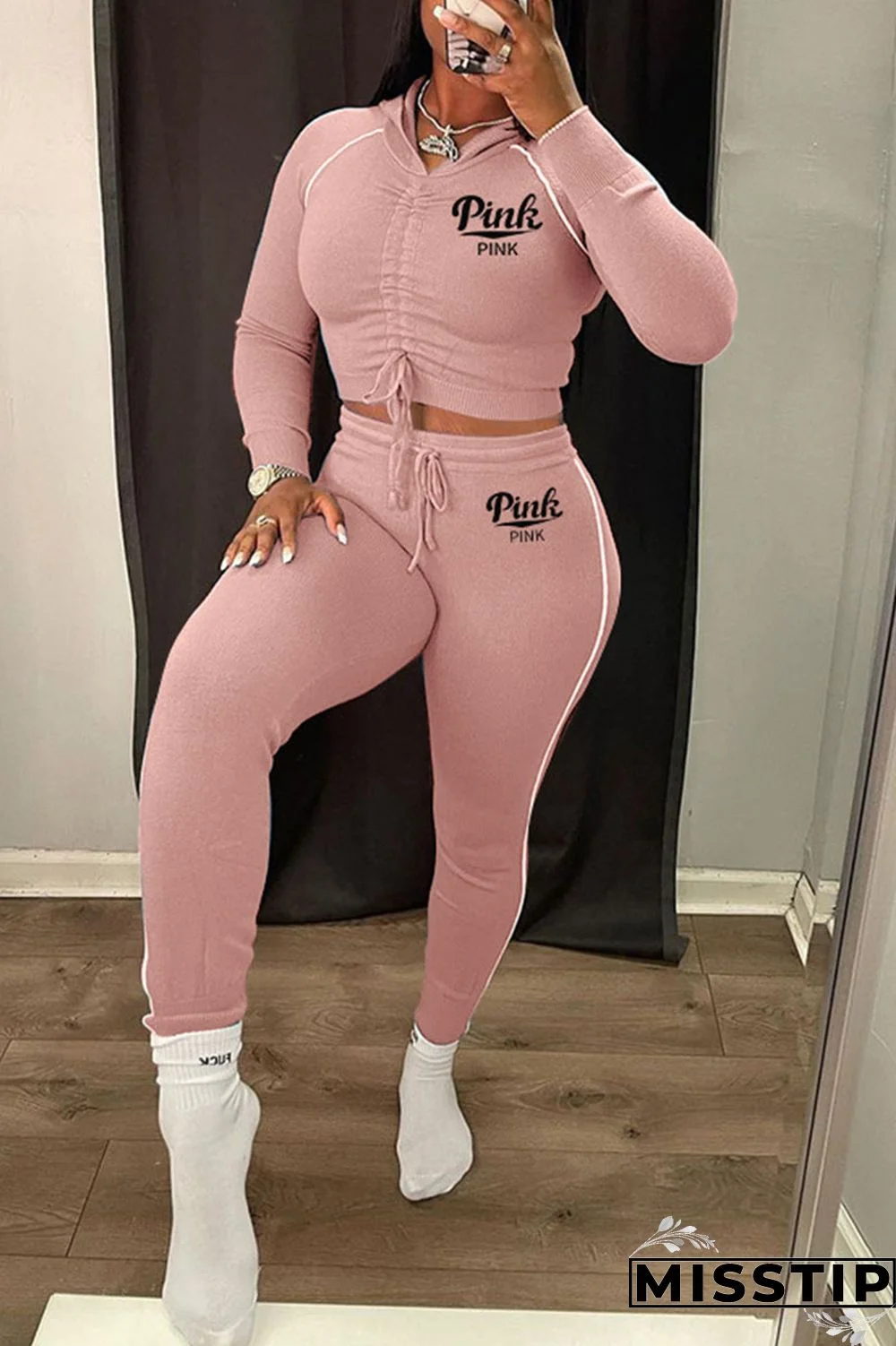 Black Casual Print Patchwork Draw String Fold Hooded Collar Long Sleeve Two Pieces