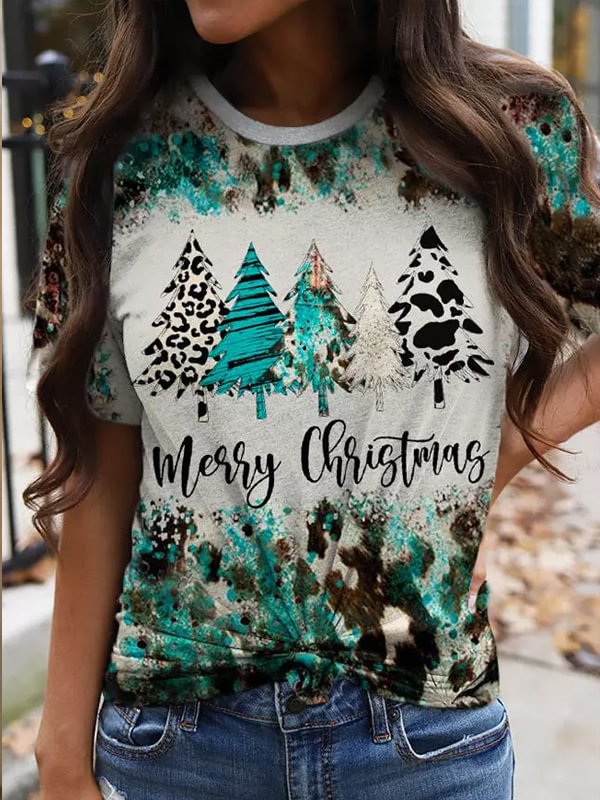 Merry Christmas Cow Leopard Tree Bleached T-Shirt