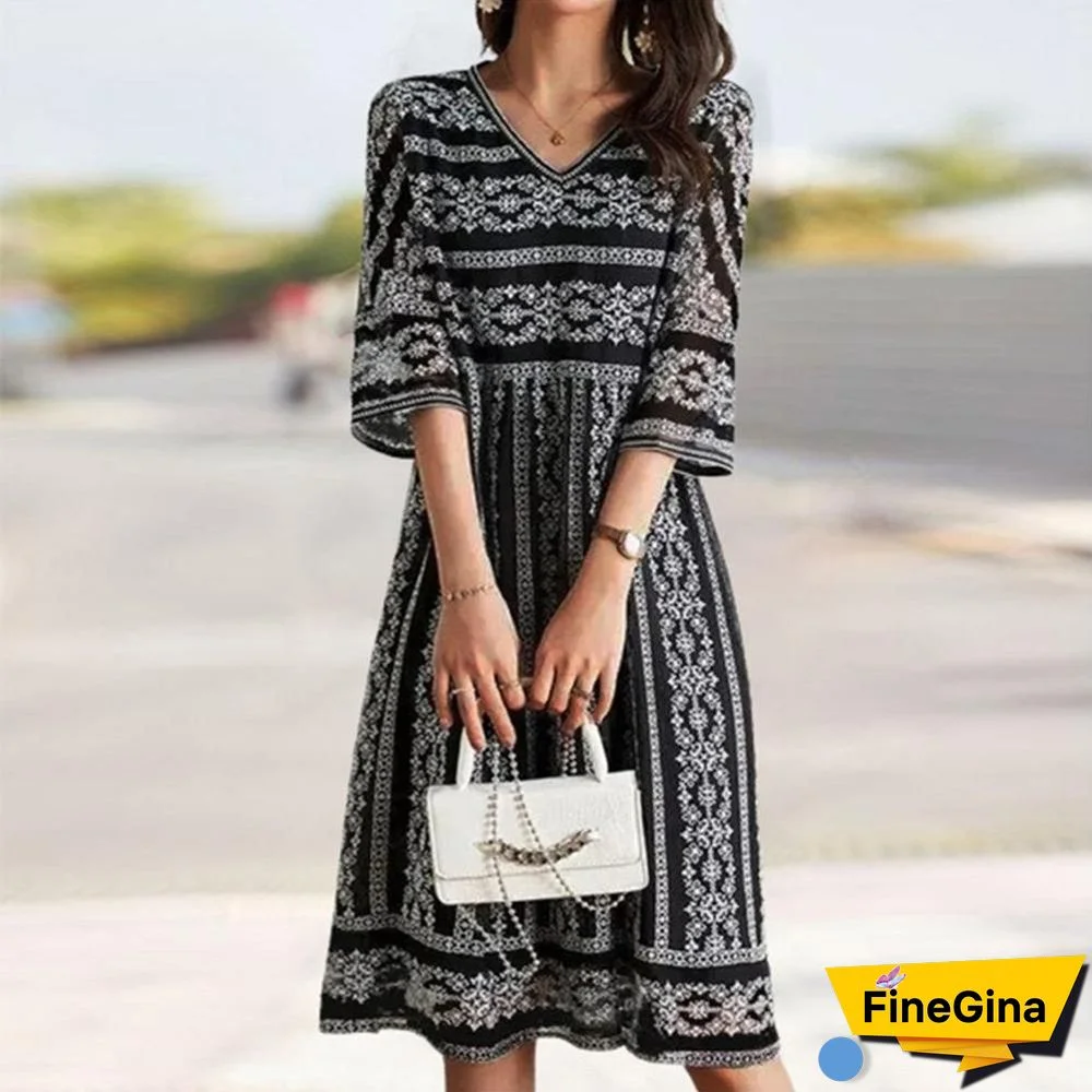 Noble 3/4 Sleeve Print Midi Dress