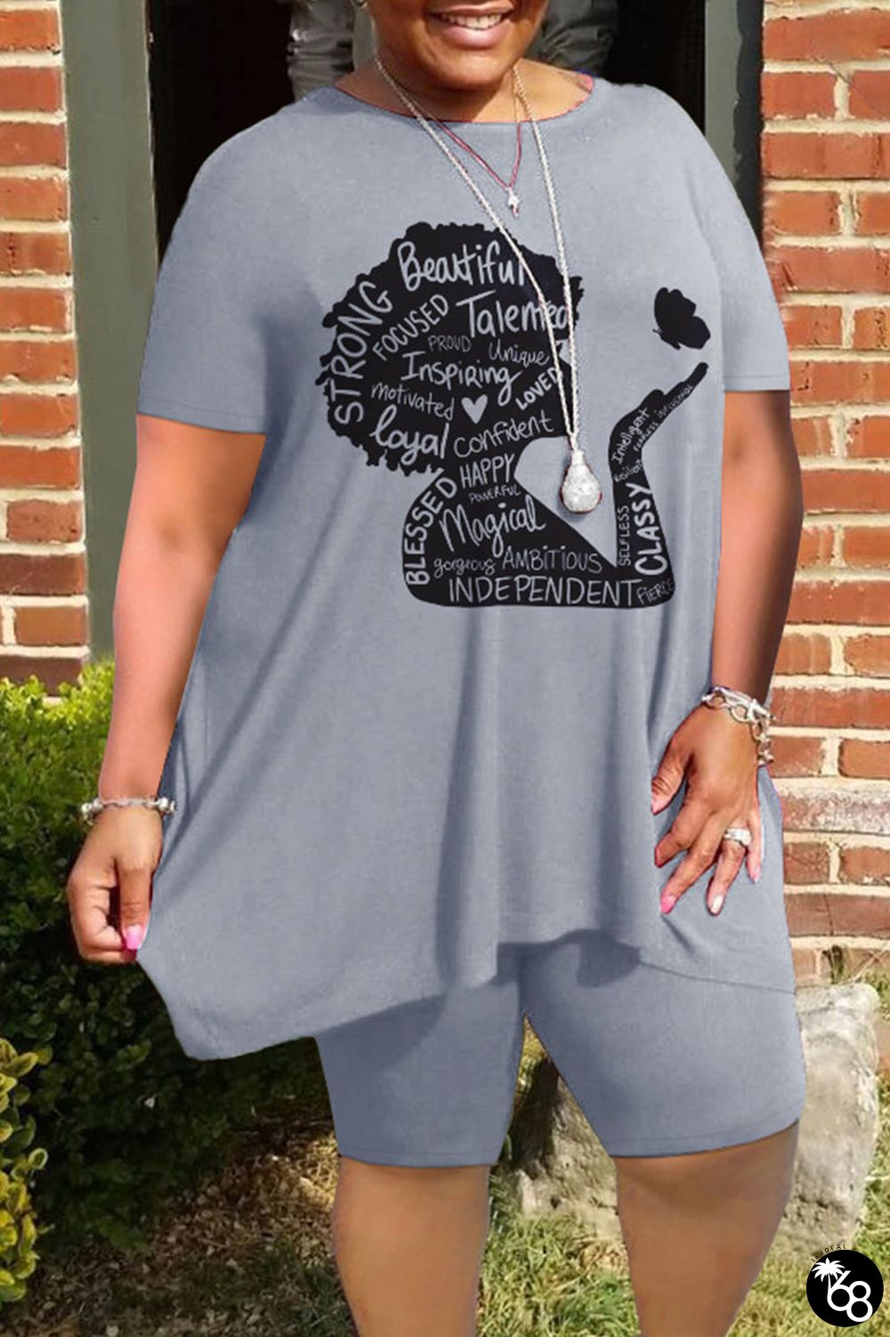 Grey Casual Street Print Patchwork O Neck Plus Size Two Pieces | 168DEAL