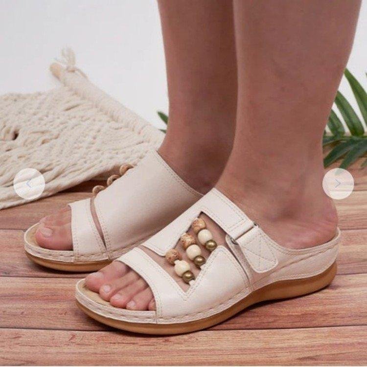 Pure color ethnic style beads women slipper- Fabulory