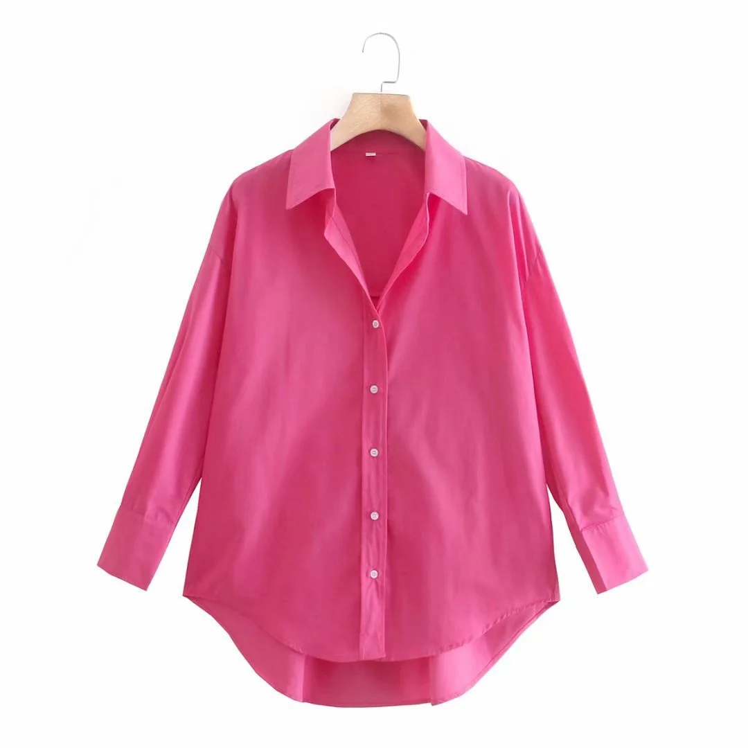 2022 New Women Simply Candy Color Single Breasted Poplin Shirts Office Lady Long Sleeve Blouse Roupas Chic Chemise Tops 18513