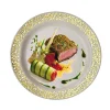 10 Pack | 7" Gold Lace Rim Ivory Plastic Dessert Appetizer Plates, Disposable Salad Plates