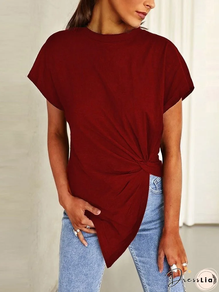 T-Shirts Solid Crew Neck Twist Short Sleeve T-Shirt for Women