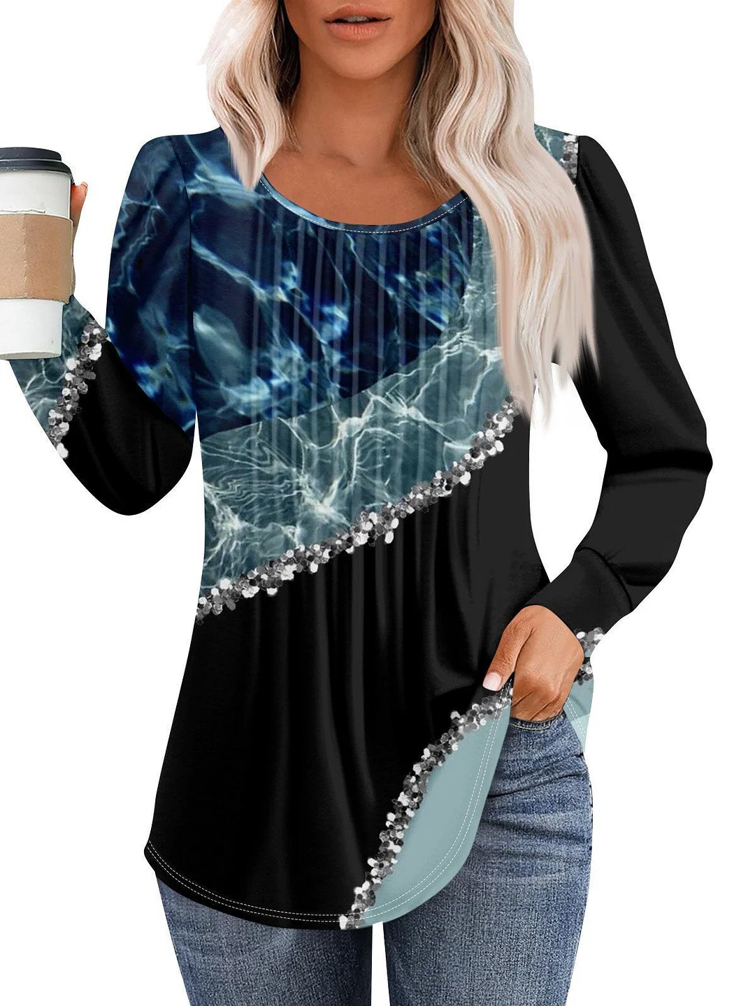 Women's Long Sleeve Scoop Neck Printed Graphic Tops