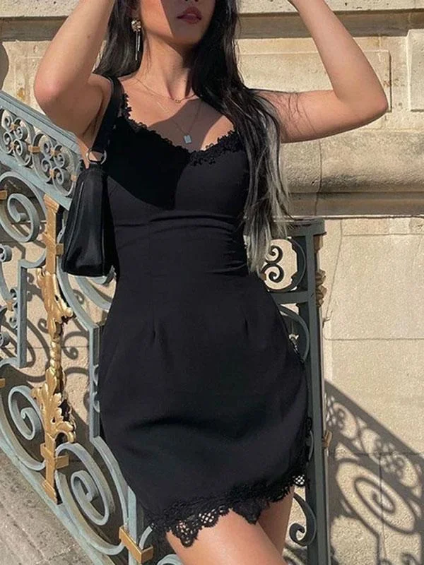 Lace straps black mini dress