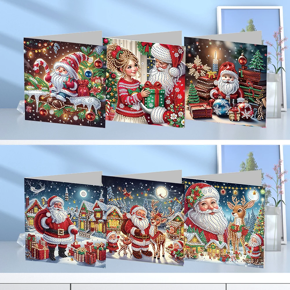 6pcs DIY Christmas Santa Claus DIY Diamond Painting Card for Friends Family Gift【With White Envelope】