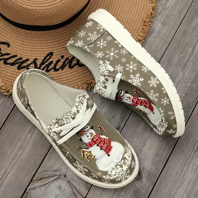 Wimawait shoes for women shoes Women's Christmas snowman pattern printed loafers new fashionable lace up vulcanized shoes canvas women's flat shoes Zapatos