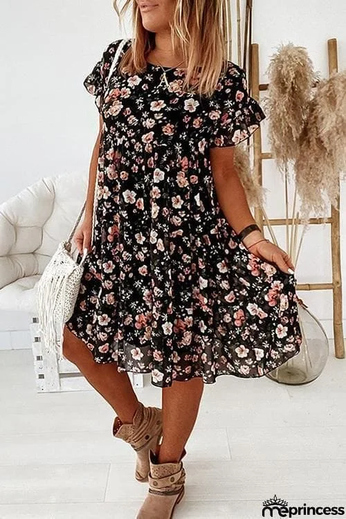Floral Print Ruffles Midi Dress