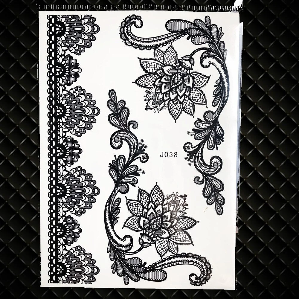 1PC Large Henna Tattoo Stickers For Wedding GBJ206 Black Ink Lace Henna Paste Women Party Brides Flower Temporary Tattoo 21x15CM