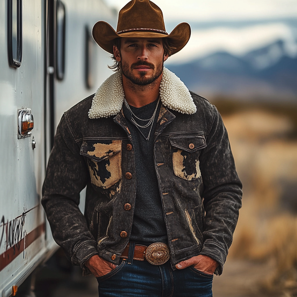 Men's Vintage Western Cowboy Printed Sherpa Jacket-inspireuse