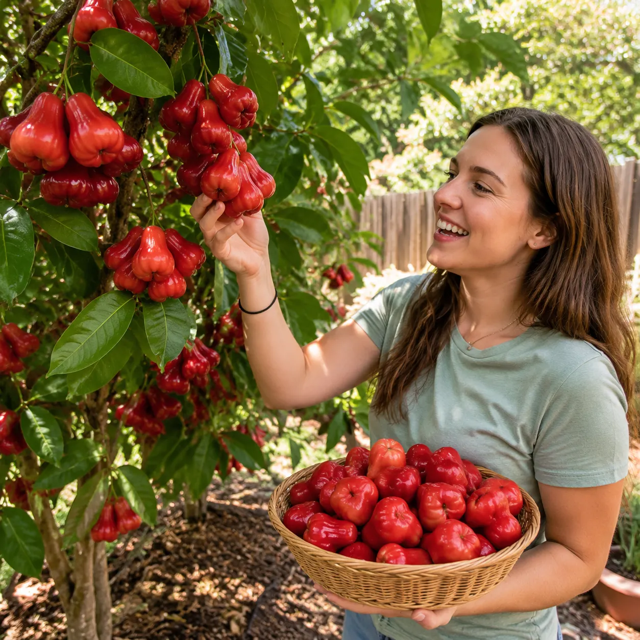 Picking ripe wax apples into a basket