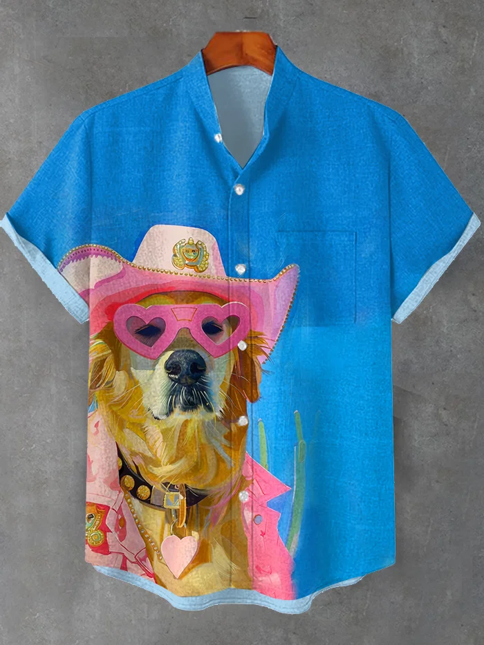 Men's Funny Heart-shaped Glasses Dog Cowboy Art Print Shirt