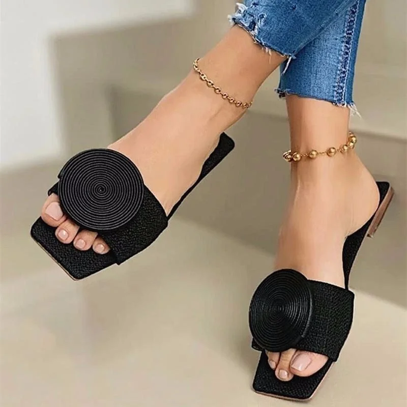 Qengg Qengg Summer Fashion Large-Size Round-Button Flat Bottom Leisure Beach Cool Slippers Women's Shoes