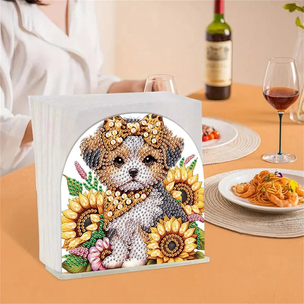 DIY Sunflower Puppy Acrylic Napkin Holder Diamond Painting Kit for Home Table Decor