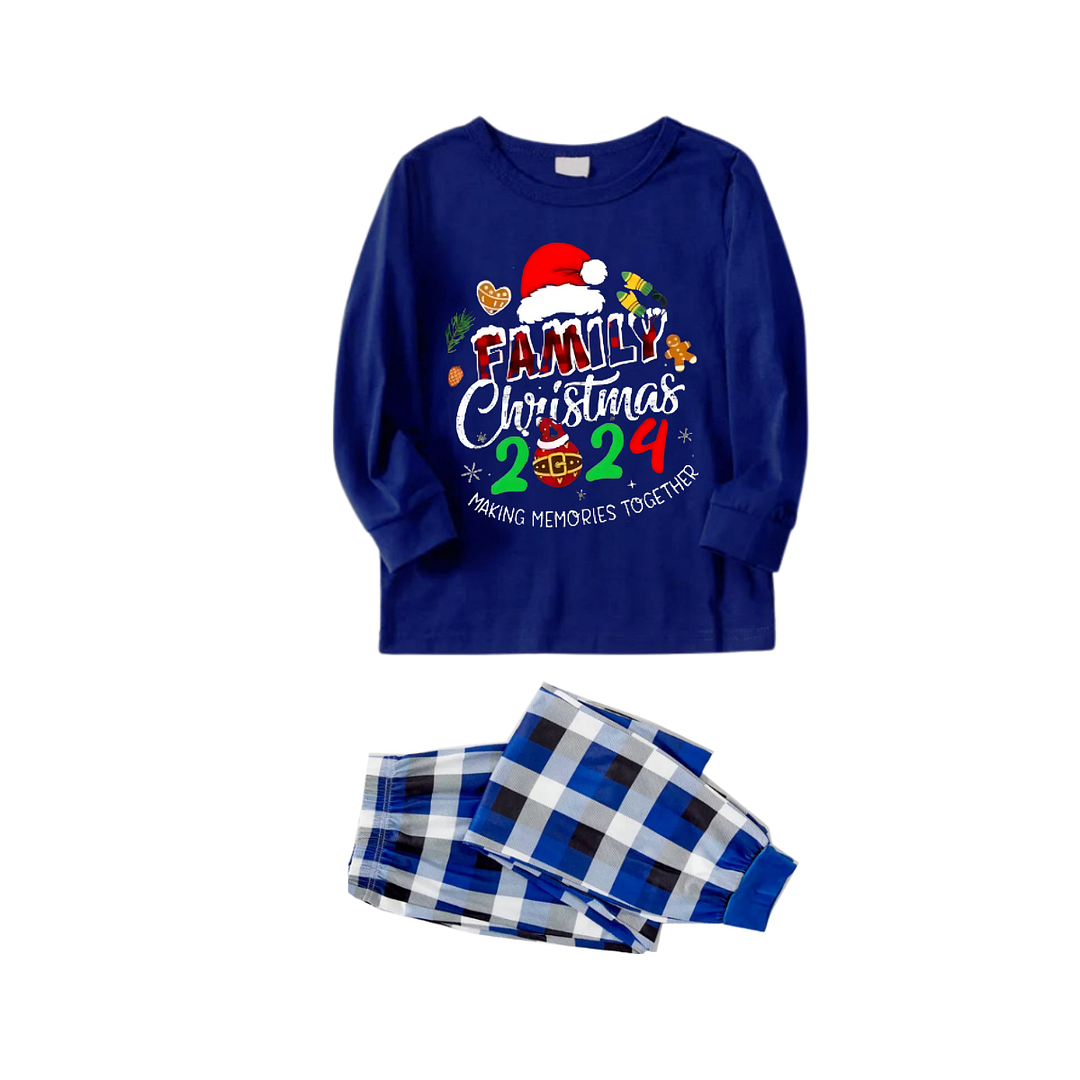 "Family Christmas 2024 Making Memories Together" Text and Santa Hat Printed Blue and White Plaid Family Matching Pajamas