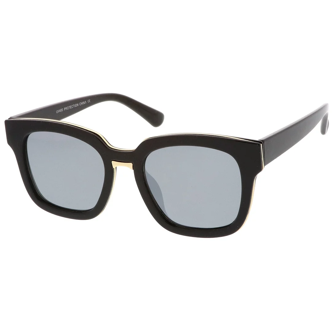 Modern Metal Trim Bridge Square Mirror Flat Lens Horn Rimmed glasses 50mm