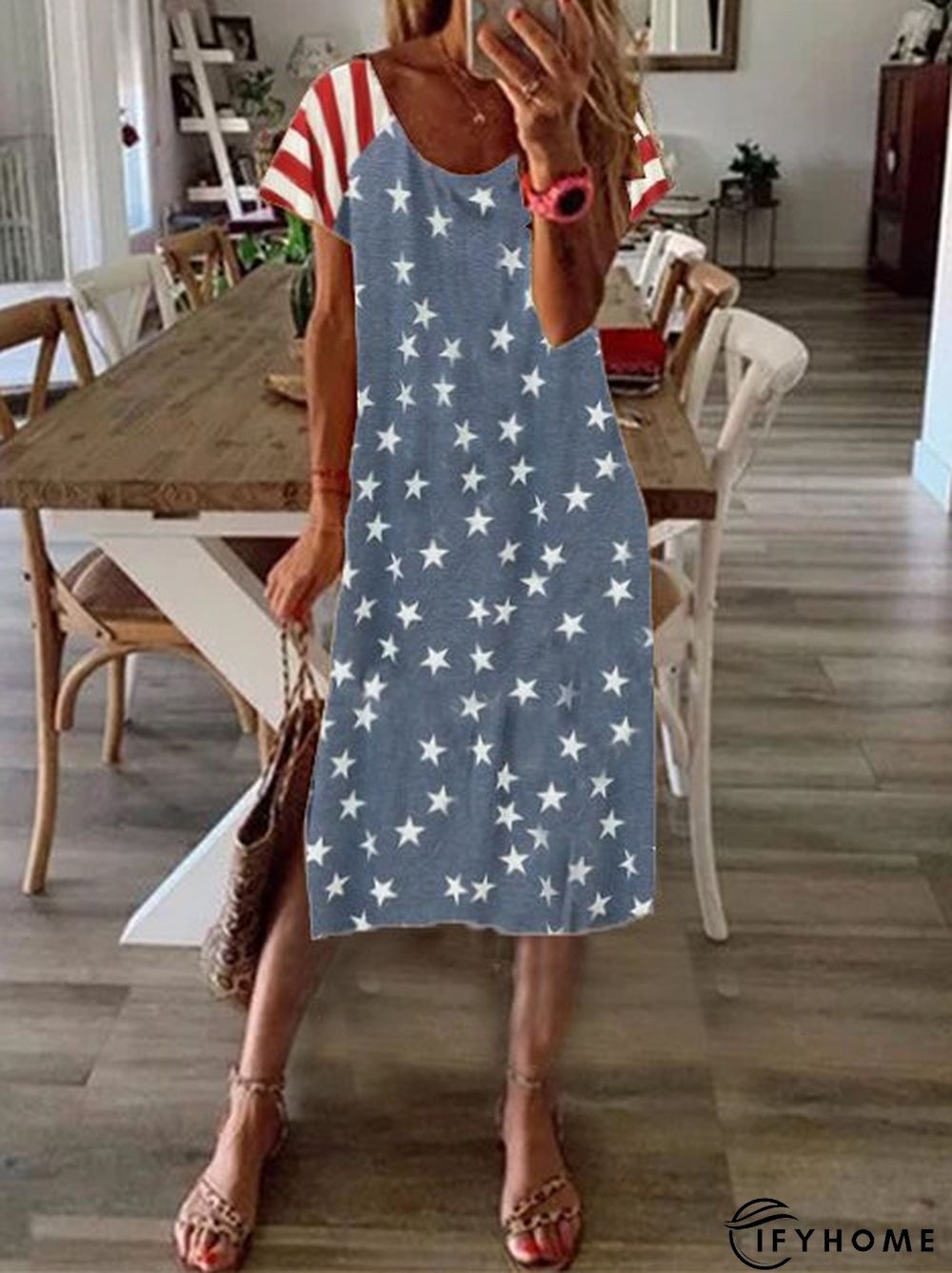 New Women Chic Vintage Boho Hippie Holiday Star Shift Short Sleeve Casual Knitting Dress | IFYHOME