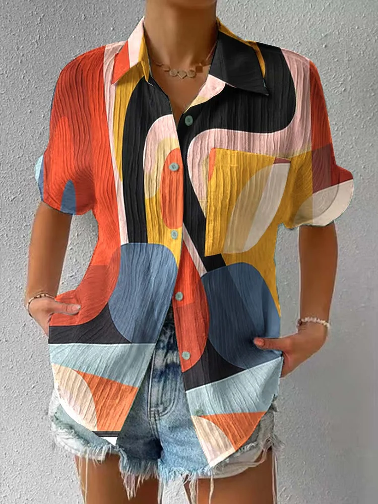 Womens Artistic Geometric Color Block Pattern Short-Sleeved Textured Shirt