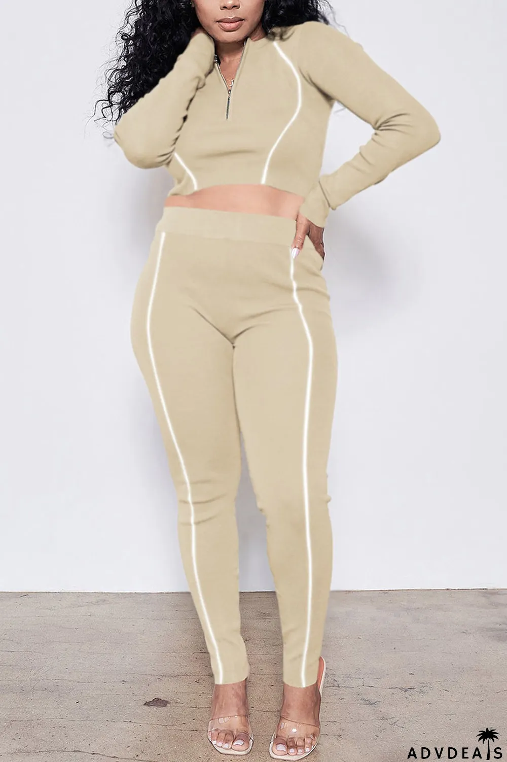 Apricot Casual Sportswear Polyester Fiber Patchwork Solid Split Joint Pants Zipper Collar Long Sleeve Regular Sleeve Short Two Pieces