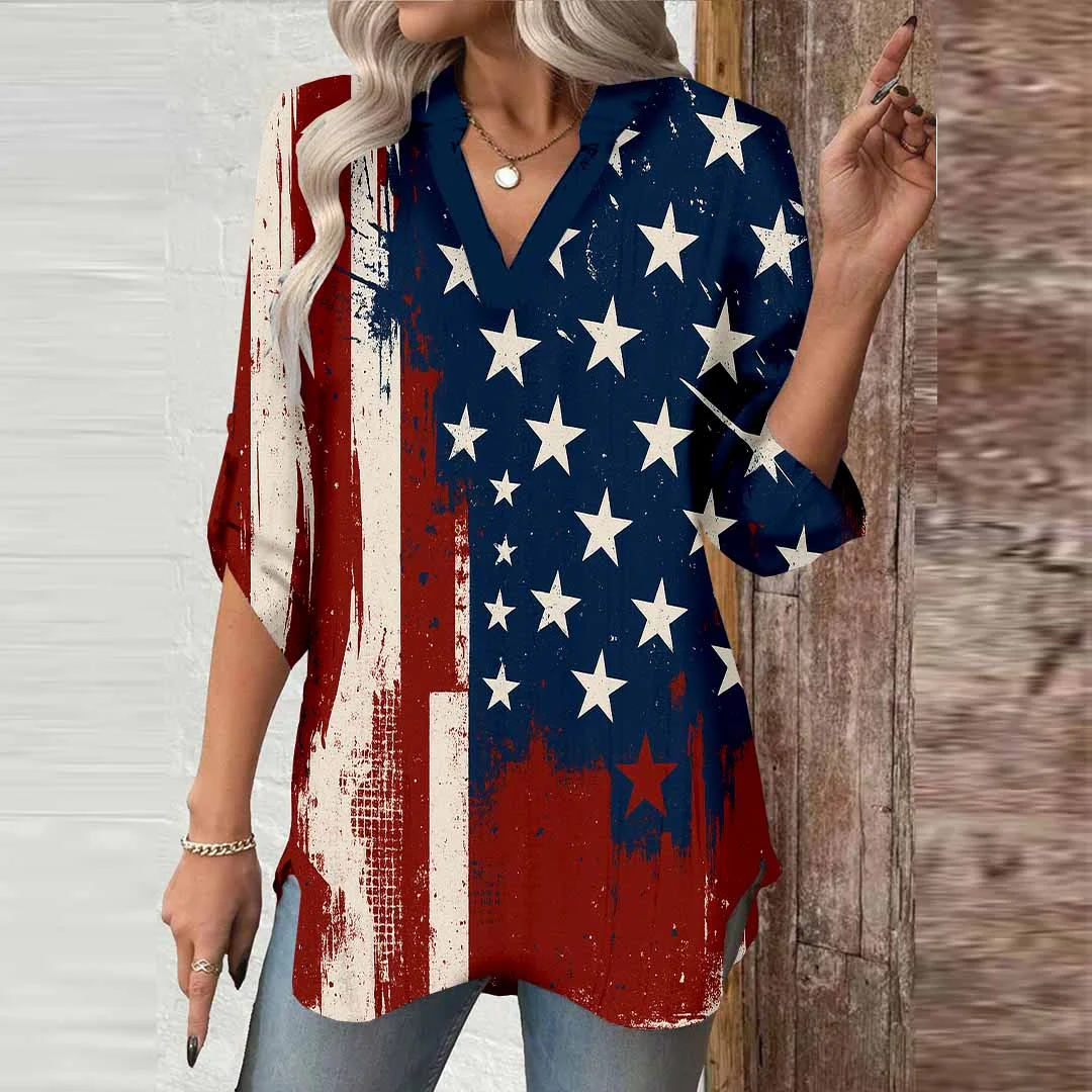 Women  Independence Day, Star, Striped, Blue, Red DZGA0244 3/4 Sleeve V-neck Printed Graphic Button Tops