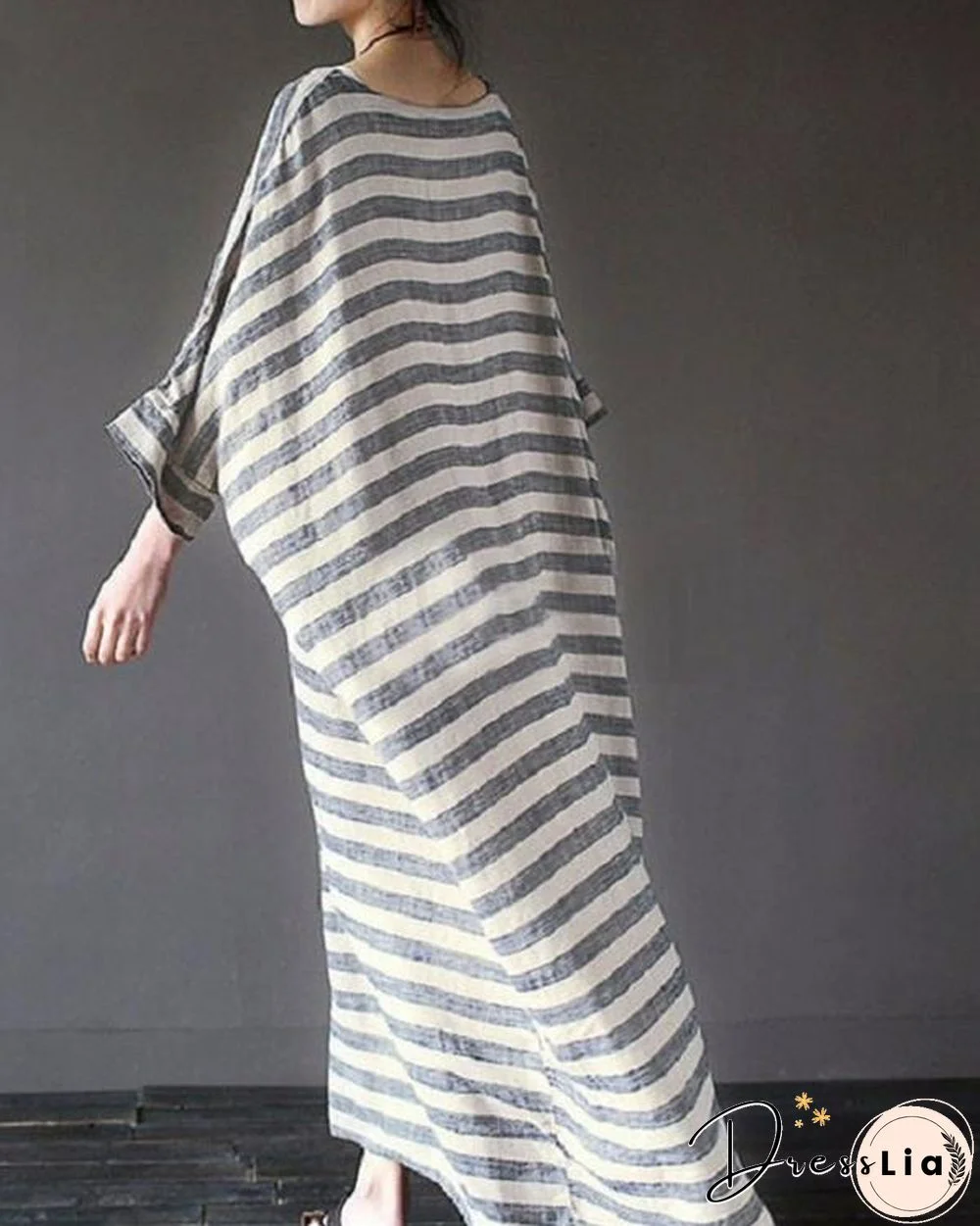 Women Casual Striped Linen Crew Neck Plus Size Dress