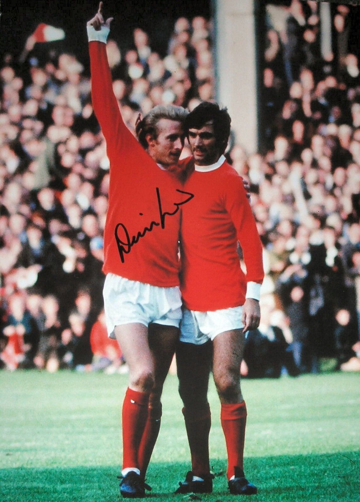 DENIS LAW SIGNED MANCHESTER UNITED 16x12 FOOTBALL Photo Poster painting WITH GEORGE BEST PROOF