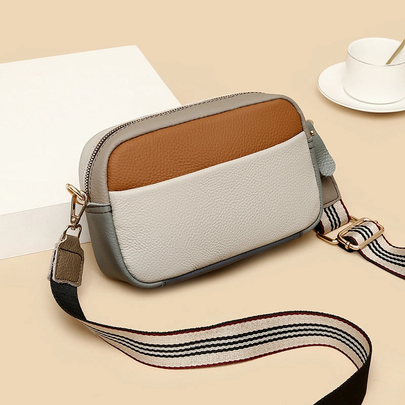 Genuine Leather Women’s Color Matching Bag New Fashion Shoulder Messenger Bag First Layer Cowhide Small Square Bag