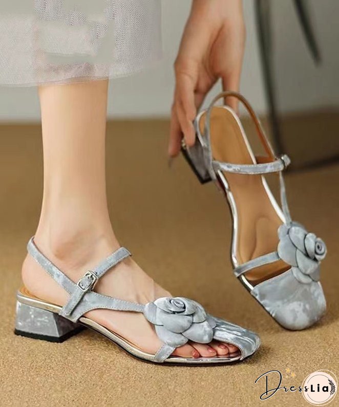 Simple Silk Hollow Out Flower Buckle Strap Chunky Sandals